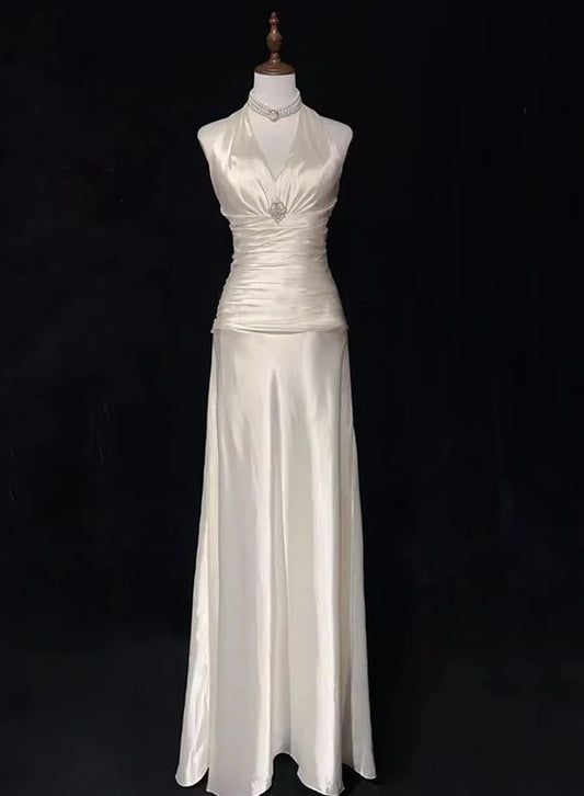 New Pattern Wedding Dress A Line V Neck Halter Satin Ruched Long Fashion Personality Formal Dresses