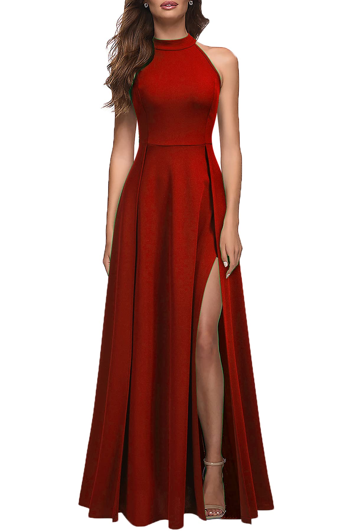 Wedding Guests Dresses Women's Halter Neck Sexy Side Fork Cocktail Party Maxi Long Prom Dresses Formal Wear Dresses