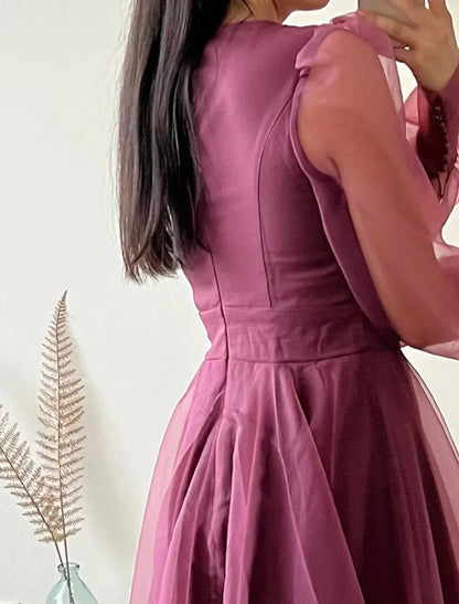 A-Line Cocktail Dresses Minimalist Dress Christmas Red Green Dress Wedding Guest Tea Length Long Sleeve V Neck Organza with Buttons