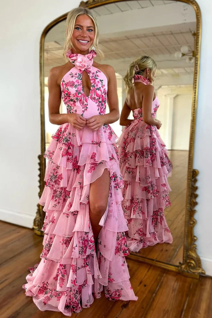 My Hers Ladies Formal Dress Cute Sheath Halter Floral Printed Chiffon Tiered With Slit Elegant Prom Dress
