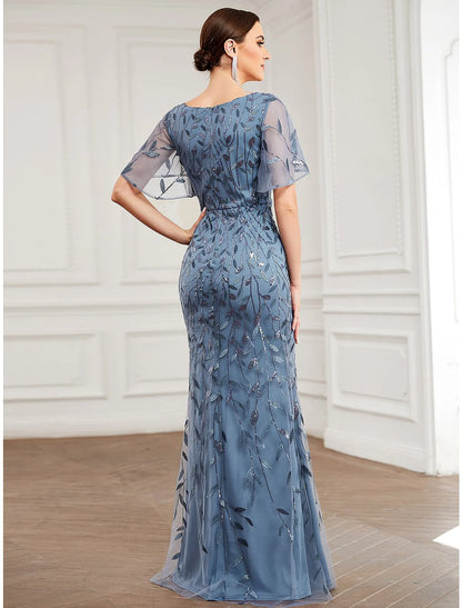 Mermaid / Trumpet Evening Gown Sparkle Dress Formal Floor Length Short Sleeve V Neck Fall Wedding Guest Tulle with Sequin
