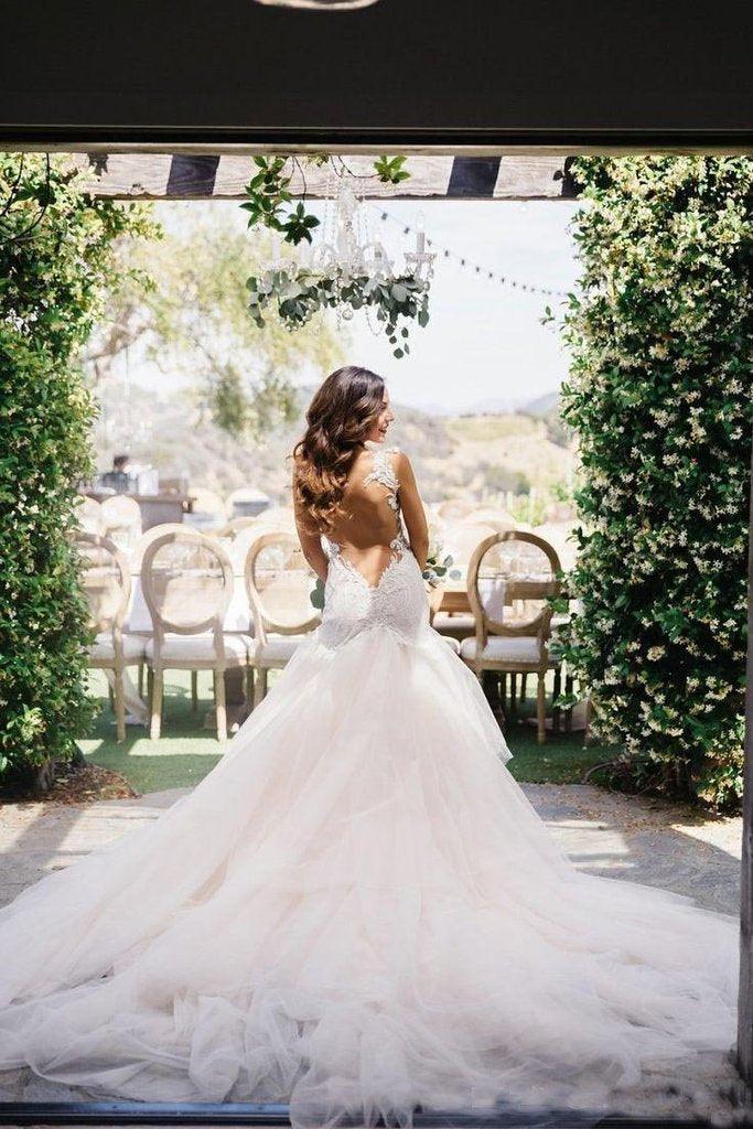 Mermaid Boat Neck Court Train Ivory Tulle Wedding Dress