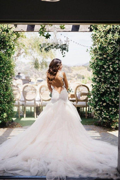 Mermaid Boat Neck Court Train Ivory Tulle Wedding Dress