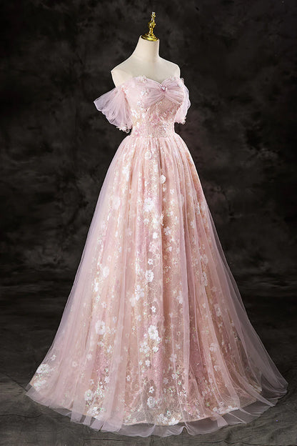 Ball Gown A-Line Off the Shoulder  Tulle Sequins Floor Length Prom Dress Evening Party Dress