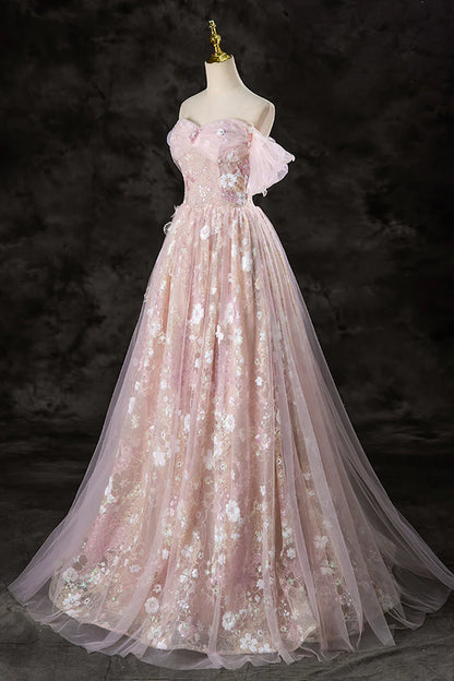 Ball Gown A-Line Off the Shoulder  Tulle Sequins Floor Length Prom Dress Evening Party Dress
