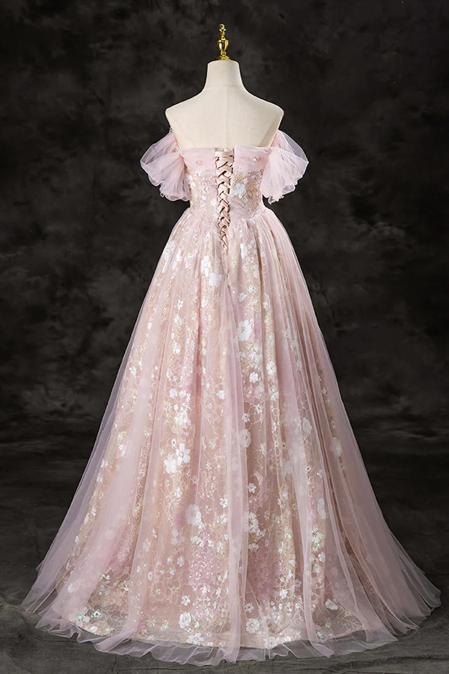 Ball Gown A-Line Off the Shoulder  Tulle Sequins Floor Length Prom Dress Evening Party Dress