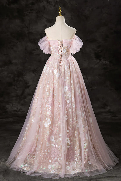 Ball Gown A-Line Off the Shoulder  Tulle Sequins Floor Length Prom Dress Evening Party Dress