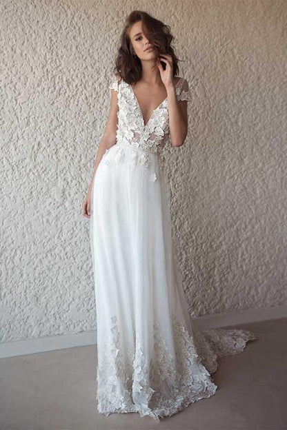 Cap Sleeve See Through Wedding Dresses Beach Bridal Dress