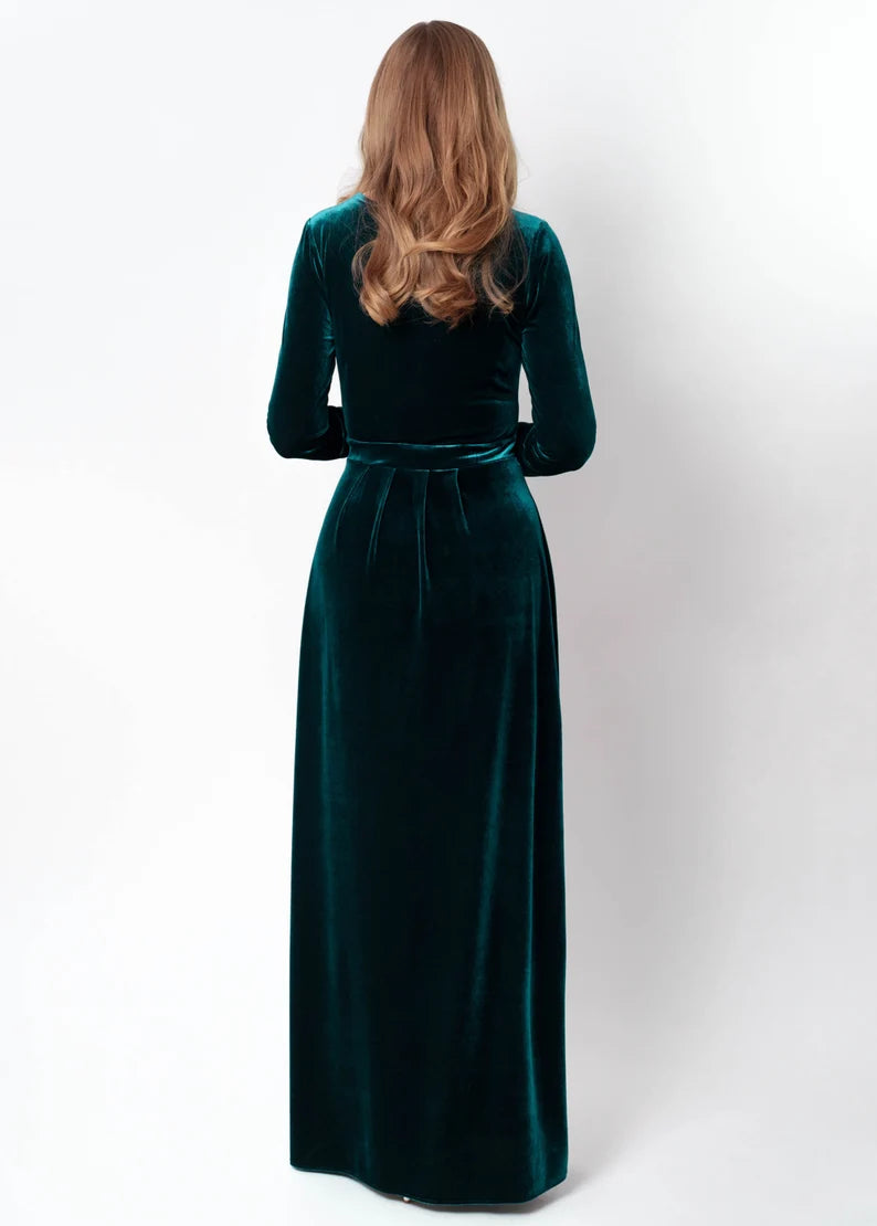 A-Line Velvet Dress V Neck Long Sleeves Side Fork Formal Wear Dresses Wedding Guest Dress Evening Dress