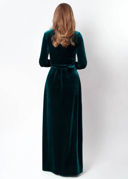 A-Line Velvet Dress V Neck Long Sleeves Side Fork Formal Wear Dresses Wedding Guest Dress Evening Dress