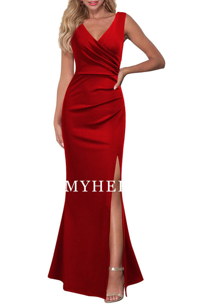 Formal Wear Dresses Prom Dress V Neck Sleeveless Pleated Split Evening Cocktail Long Dress Wedding Guest Dresses
