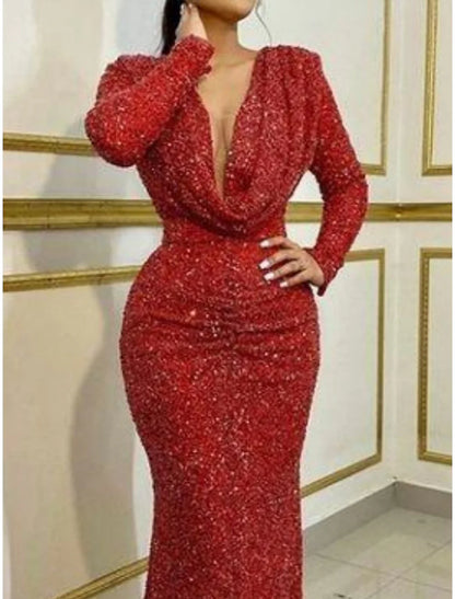 Sheath Evening Gown Formal Sweep / Brush Train Mermaid Long Sleeve V Neck Dress with Glitter Pleats