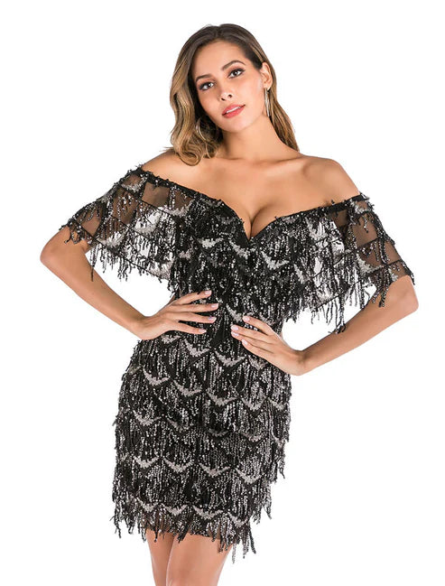 Sheath / Column Short Mini Party Dresses Flapper Dress Party Wear Valentine's Day  Short Sleeve Off Shoulder Sequined Backless with Sequin Tiered