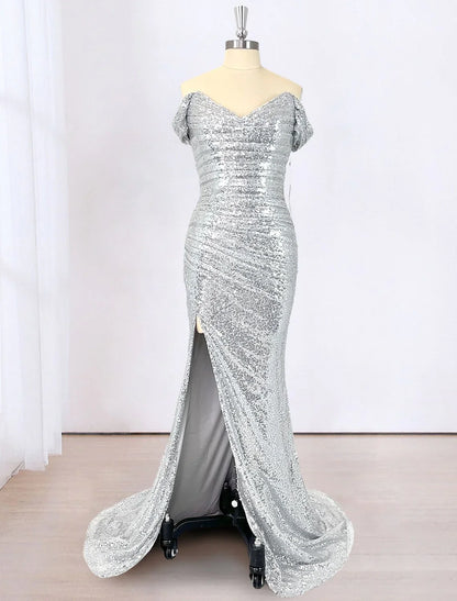Mermaid / Trumpet Evening Gown Empire Dress Formal Court Train Sleeveless Off Shoulder Imitation Silk with Slit Appliques