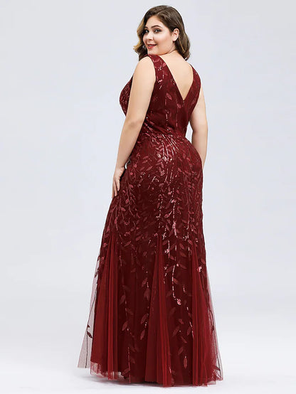 Mermaid / Trumpet Evening Gown Plus Size Dress Wedding Guest Floor Length Sleeveless V Neck Lace V Back with Appliques
