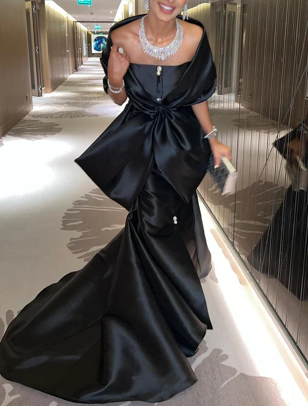 Mermaid Evening Gown Black Dress Elegant Dress Formal Court Train Half Sleeve Off Shoulder Satin with Bow(s) Slit