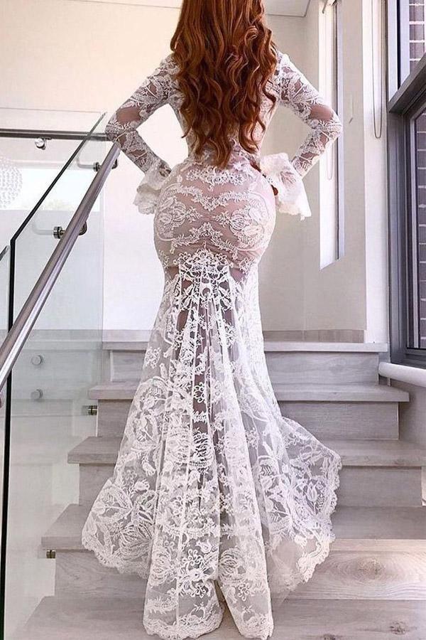 Mermaid Deep V Wedding Dress With Long Sleeve Sexy Lace Wedding Dress