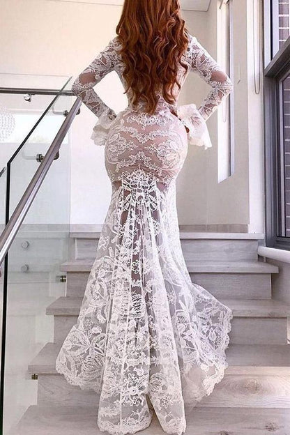 Mermaid Deep V Wedding Dress With Long Sleeve Sexy Lace Wedding Dress