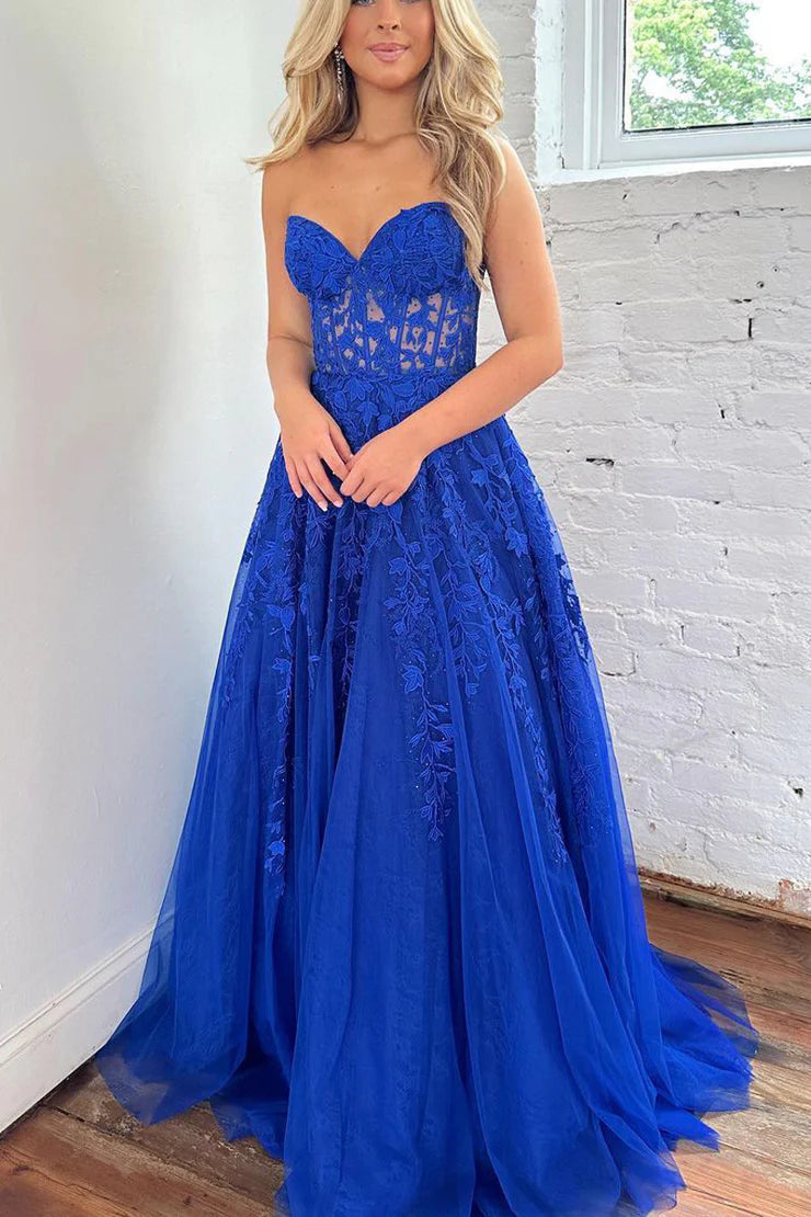 New arrival A-Line Off-the-Shoulder Sweetheart Royal Blue Tulle Long Prom Dresses with Appliques