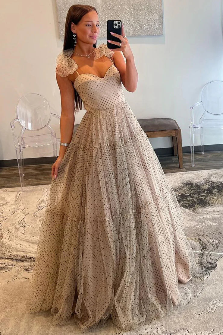 Cute Ball Gown Sweetheart Spaghetti Strap Champagne Tulle Black Dot Long Prom Dresses