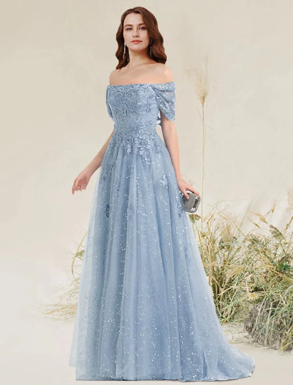 Prom Dresses Elegant Dress Wedding Guest Sweep / Brush Train Sleeveless Off Shoulder Lace with Pleats