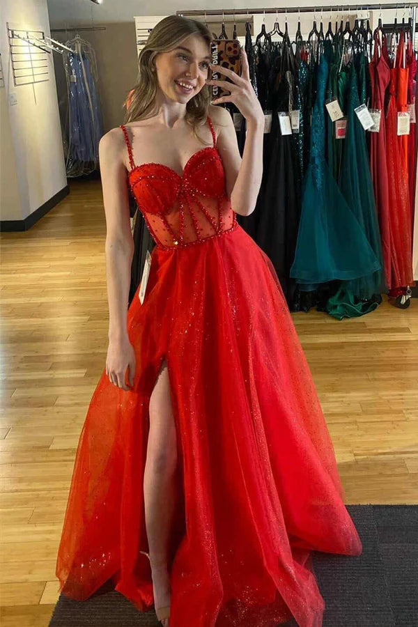 Straps Beaded A-Line Sparkly Prom Dress with Slit
