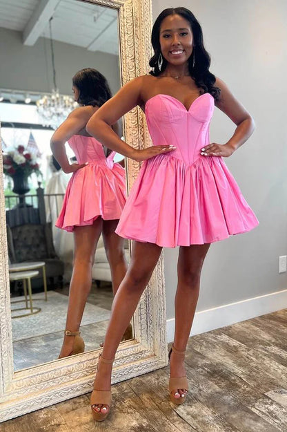 A-Line Off-the-Shoulder Strapless Satin Homecoming Dress with Flower
