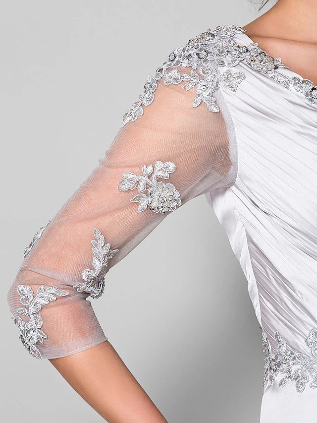 A-Line Mother of the Bride Dress V Neck Sweep / Brush Train Satin Chiffon 3/4 Length Sleeve with Criss Cross Beading Appliques