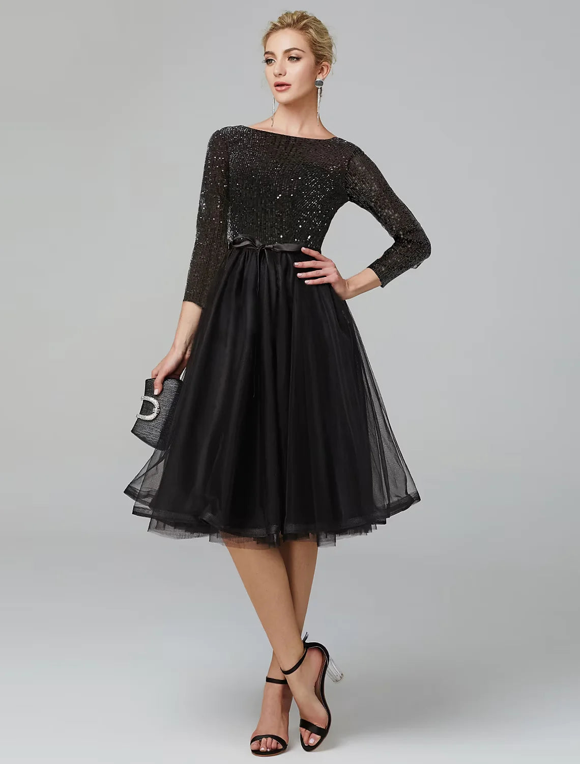 A-Line Cocktail Dresses Sparkle & Shine Dress Formal Tea Length 3/4 Length Sleeve Jewel Neck Tulle with Sequin Strappy