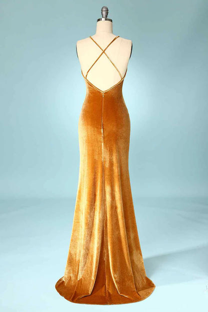 Gold Velvet V-Neck Cross-Back Slim-fit Mermaid Bridesmaid Dress