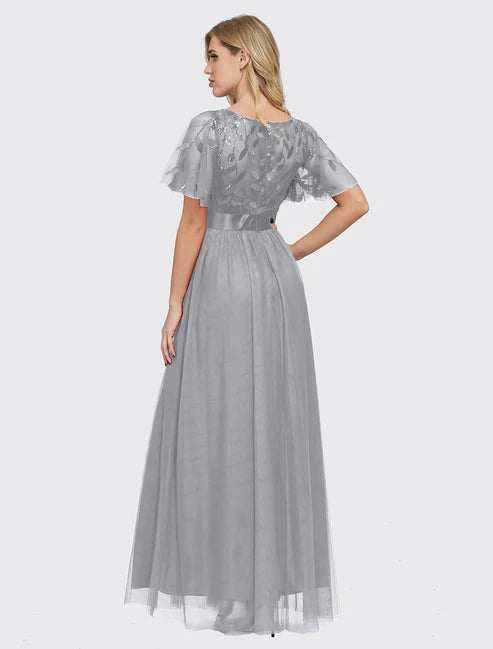 A-Line  Elegant Party Wear Prom Dress Jewel Neck Short Sleeve Floor Length Tulle with Embroidery / Illusion Sleeve