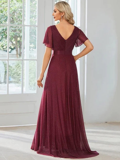 Sparkling Short Sleeve V-Neck Ribbon Waist A-Line Evening Dress/Prom Dresses Party Dresses Wedding Guest Dresses