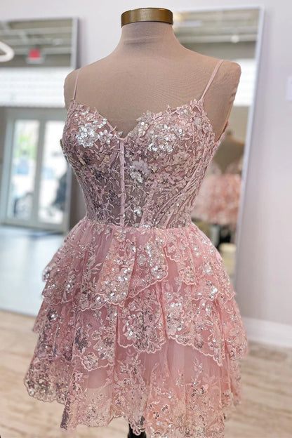 Sequin Lace Corset Bodice Tiered Homecoming Dress