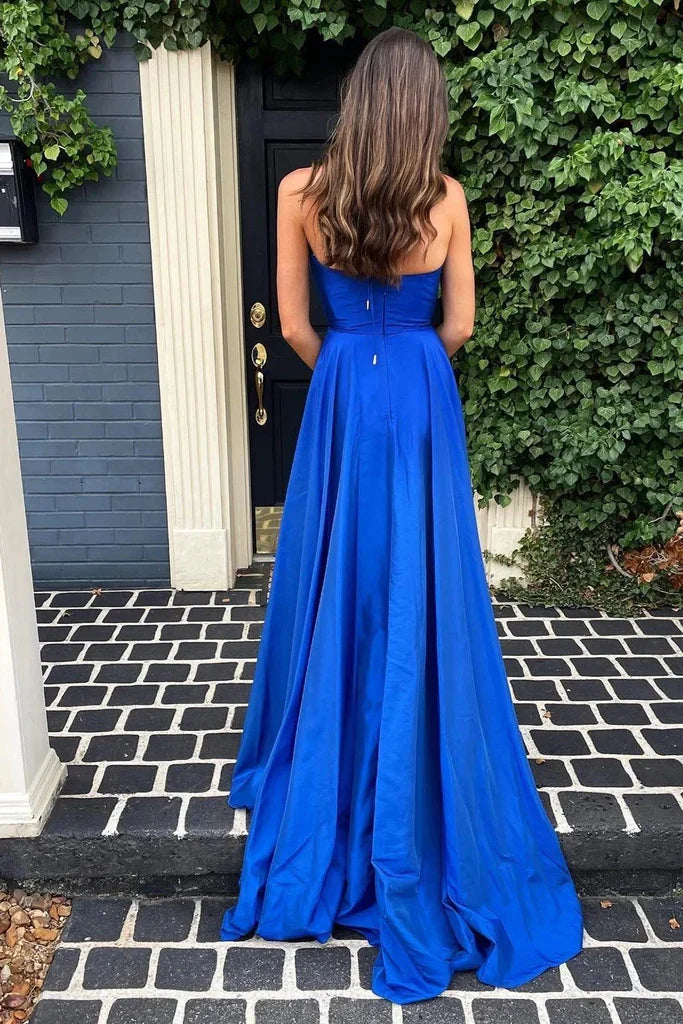 Simple A Line Deep V Neck Royal Blue Long Prom Dress with Split