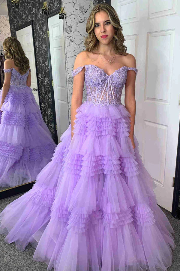 Off the Shoulder Sweetheart Lace Corset Ruffle Prom Dress