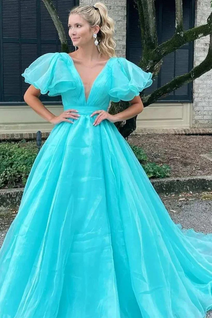 Plunge V Ruffled Sleeve A-Line Long Formal Dress