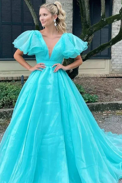 Plunge V Ruffled Sleeve A-Line Long Formal Dress