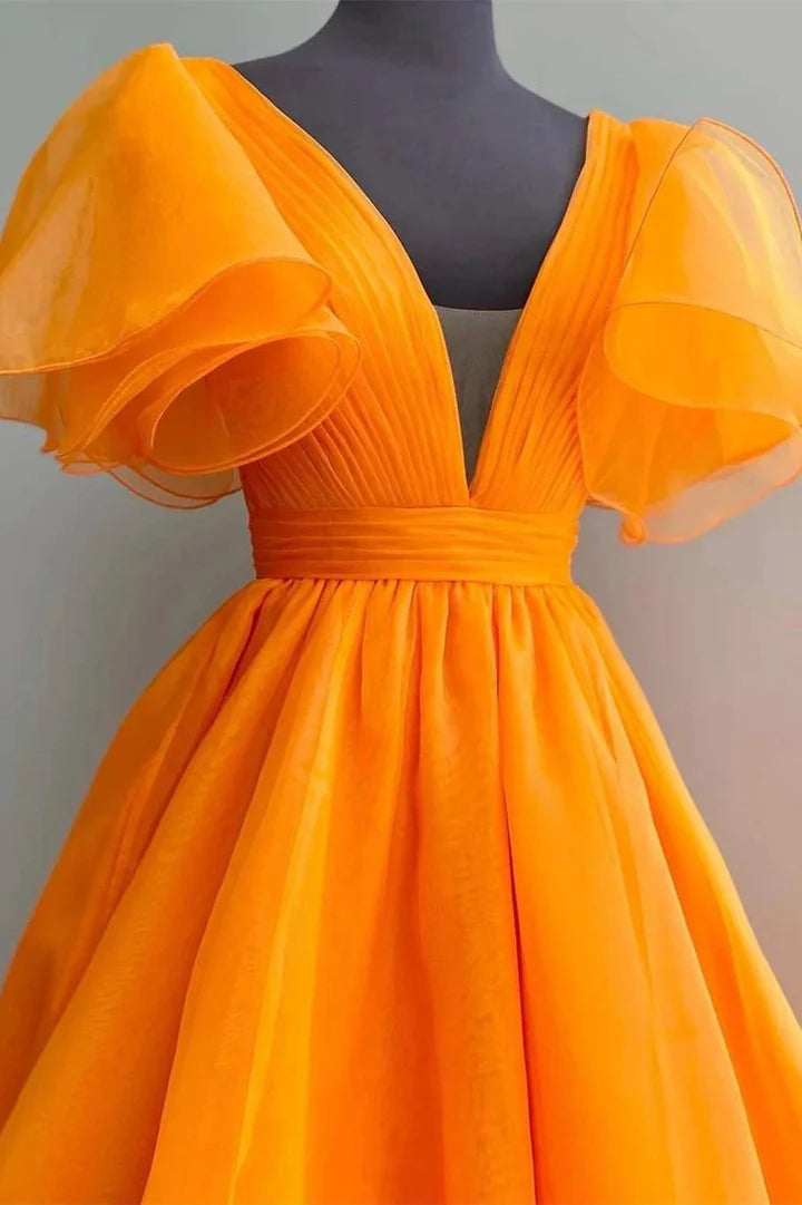 Plunge V Ruffled Sleeve A-Line Long Formal Dress