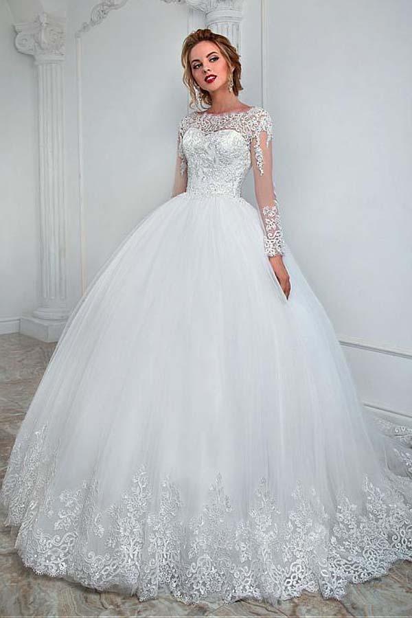 Elegant Bateau Neckline Ball Gown Wedding Dress With Lace Appliques