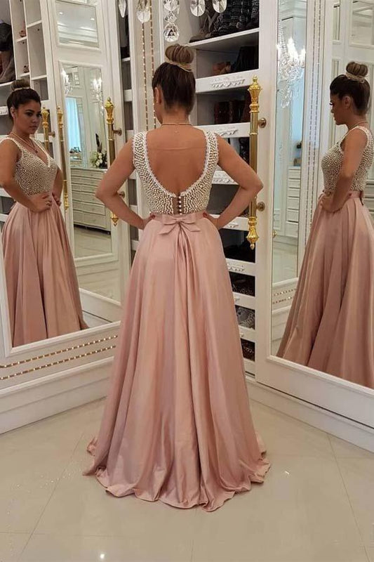 Sheath V Neck Elegant Long Prom Dresses Unique Pearls Bodice Evening Dress