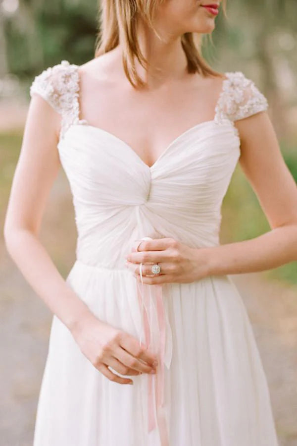 Elegant Cap Sleeve Long Chiffon Sweetheart Wedding Dress