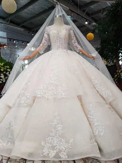 Elegant Half Sleeves Ball Gown Lace Layer Wedding Dress
