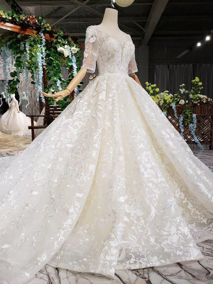 Elegant Half Sleeves Ball Gown Lace Sweetheart Wedding Dress