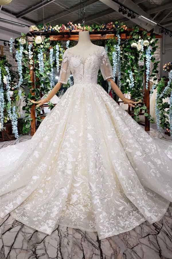 Elegant Half Sleeves Ball Gown Lace Sweetheart Wedding Dress