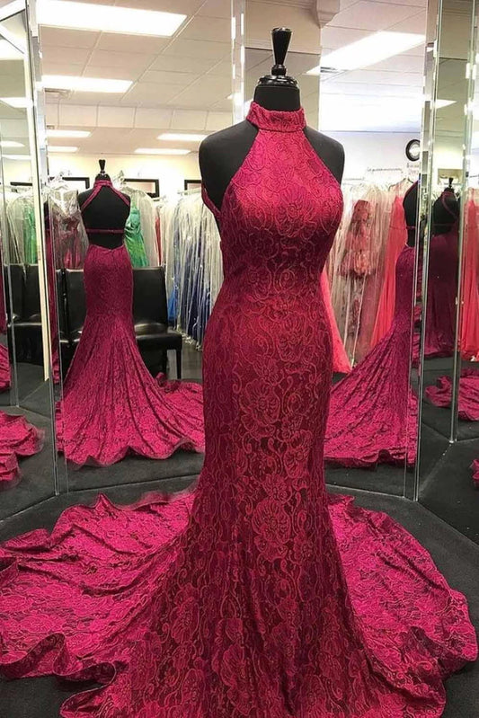 Sheath Mermaid  Sweep/Brush Train Dresses Halter Neck Lace Prom Dress