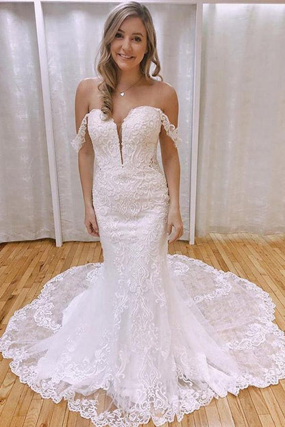 Elegant Mermaid Off the Shoulder Lace Wedding Dresses with Appliques