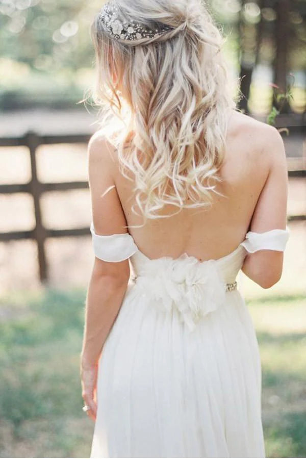 Elegant Off-shoulder Beading Sash Long Chiffon Wedding Dress