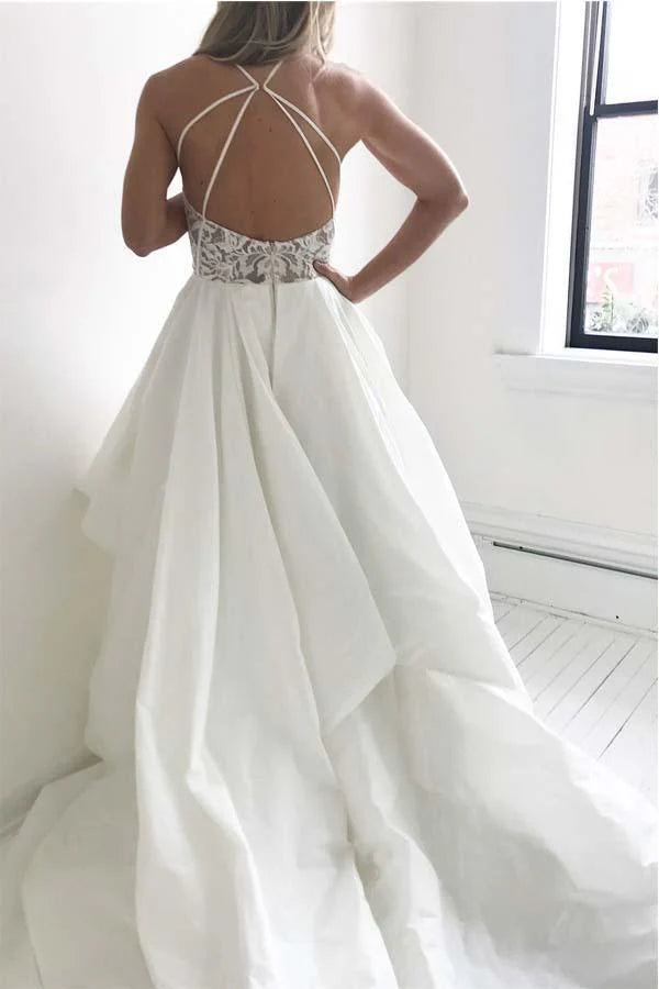 Elegant Straps ILong Wedding Dress with Lace Top