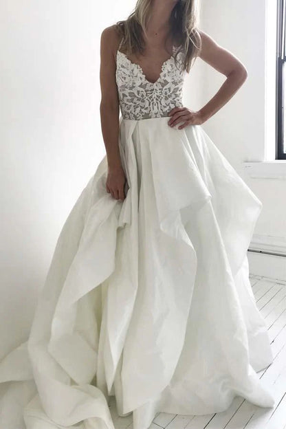 Elegant Straps ILong Wedding Dress with Lace Top