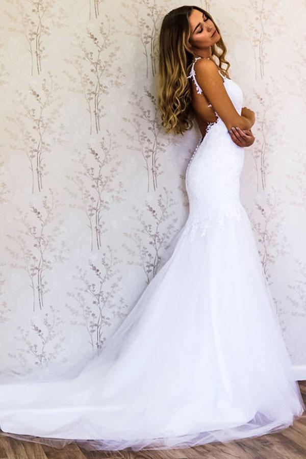 Elegant Straps Mermaid White Long Wedding Dress Bridal Gown